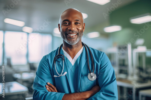 Portrait of smiling middle aged black man doctor standing in hospital. African american male physician working in clinic. Medicine, healthcare concept photo