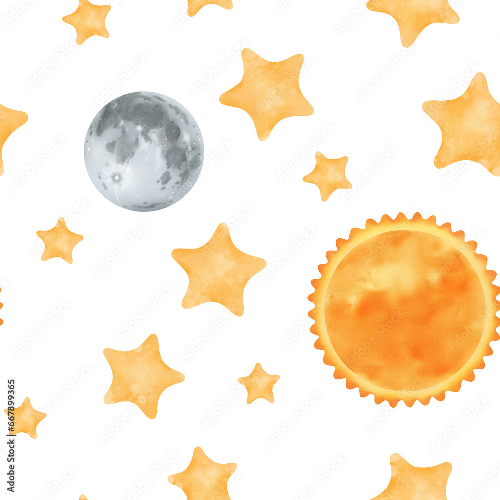 Watercolor seamless pattern. starry night sky. Yellow stars, a gray moon, and a bright orange sun. Cosmic theme for kids. Ideal for wallpapers, children's rooms, textiles, baby apparel, and notebooks Watercolor seamless pattern. starry night sky. Yellow stars, a gray moon, and a bright orange sun. Cosmic theme for kids. Ideal for wallpapers, children's rooms, textiles, baby apparel, and notebooks
