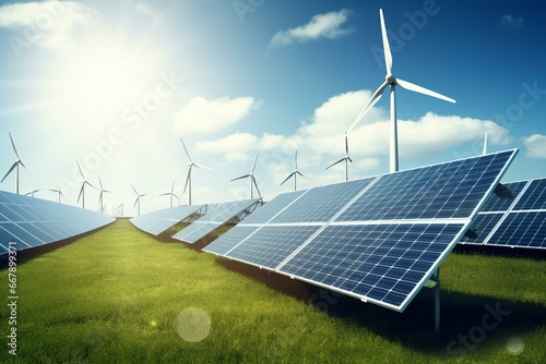 Renewable energy - solar panels and windmills on grass. Generative AI photo