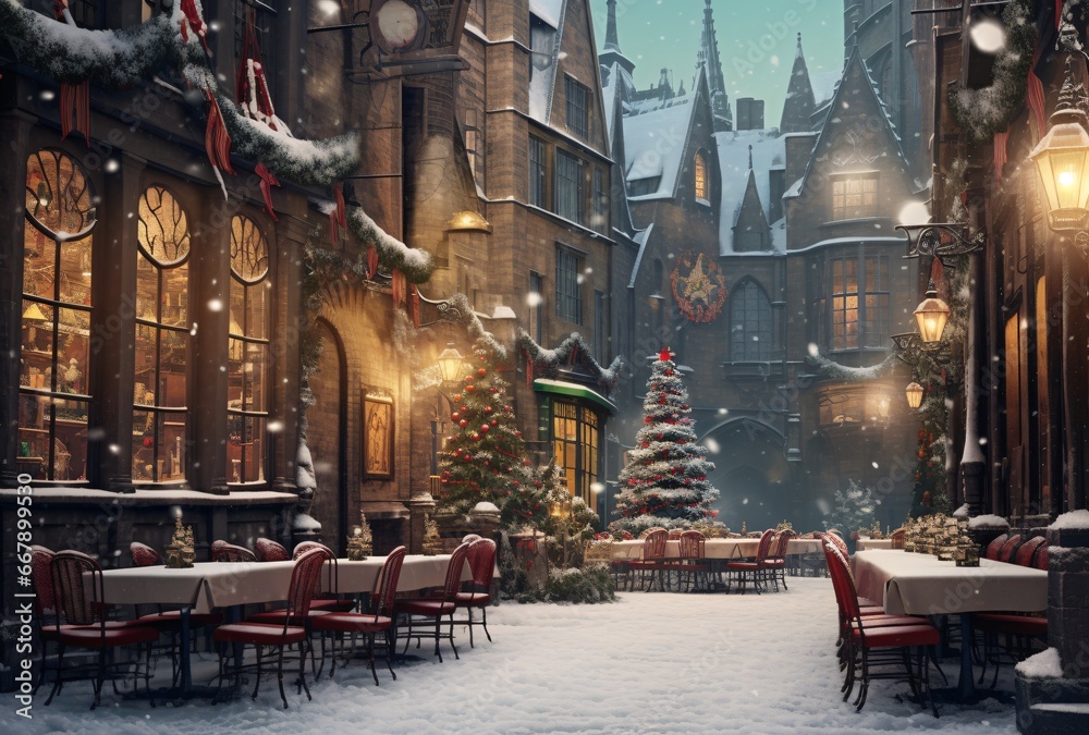 table top restaurants and cafes on a snow covered street, festive atmosphere, elegant cityscapes, light red and dark emerald, romanesque art, dutch and flemish, dreamy atmosphere, dark beige and red - obrazy, fototapety, plakaty 