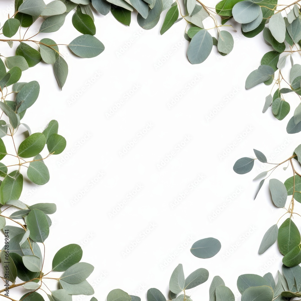 Eucalyptus leaf frame with space for text on white background. AI generated