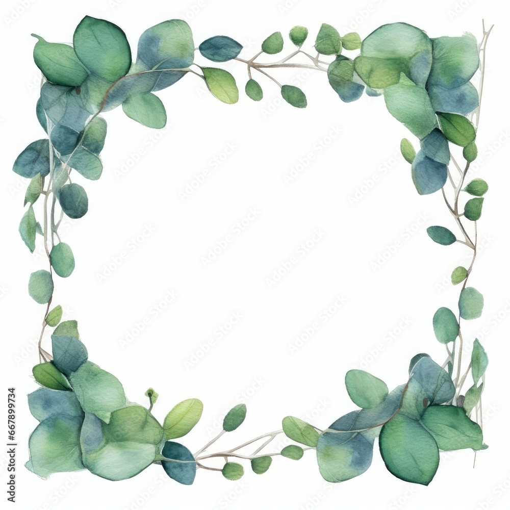 Watercolor Eucalyptus leaf frame with a botanical or nature-inspired background. AI generated
