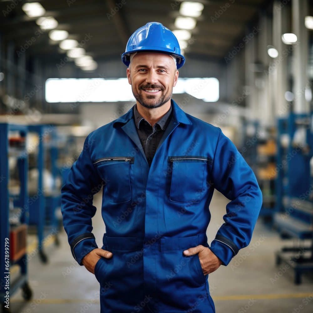 A confident smiling factory worker wearing a helmet, manufacturing plant A confident smiling factory worker wearing a helmet, manufacturing plant