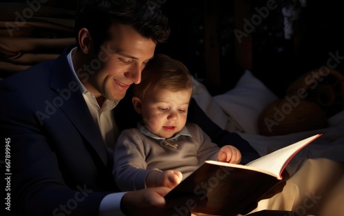 A businessman reading a bedtime story to a baby