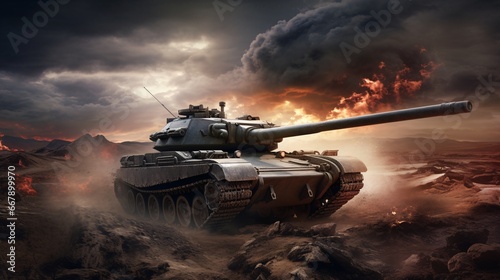 the world of tanks with smoke in the desert background, photorealistic eye, dark green and light crimson
