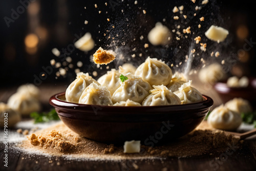 dumplings on dark background, dynamic photo