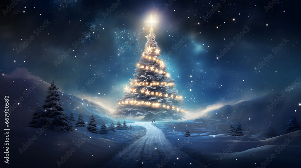 Christmas tree in winter landscape with snow and stars - 3d illustration. Fantastic winter landscape with christmas tree. Christmas tree in winter landscape with snow and stars - 3d illustration. Fantastic winter landscape with christmas tree.