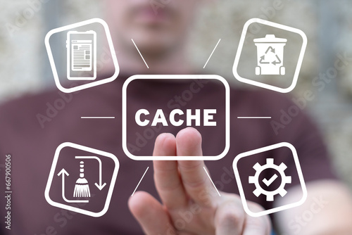 Man using virtual touch screen clicks word: CACHE. Cleaning mobile phone from trash files. Deleting documents with cleansing software. Cache and spam concept for website design or landing web page. photo