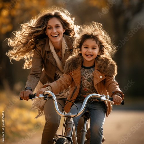 A captivating photograph capturing a young girl joyfully riding her bicycle equipped with training wheels, while her mother lovingly guides her towards confident cycling.