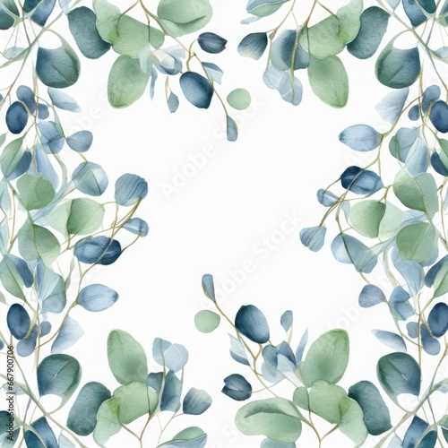 Watercolor Eucalyptus leaf frame with a seamless pattern or repeat design on white. AI generated