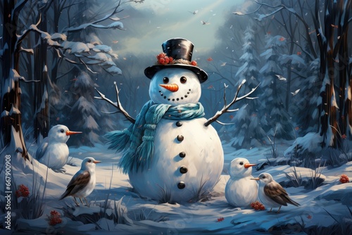 Vintage style snowman in the countryside - AI Generated