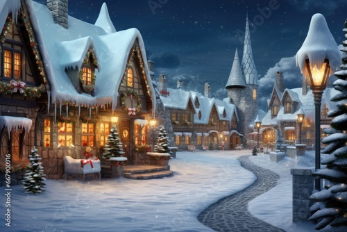 Vintage style snowy Christmas village scene - AI Generated