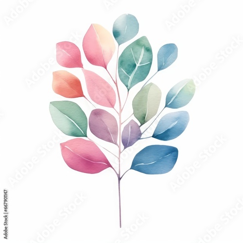 Watercolor Eucalyptus leaf frame with a vibrant color palette on white. AI generated