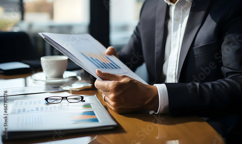 Business person reading annual report or business journal, Business photo, Businessman reading marketing documents