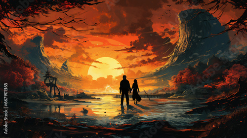 couple on a sunset in the sea