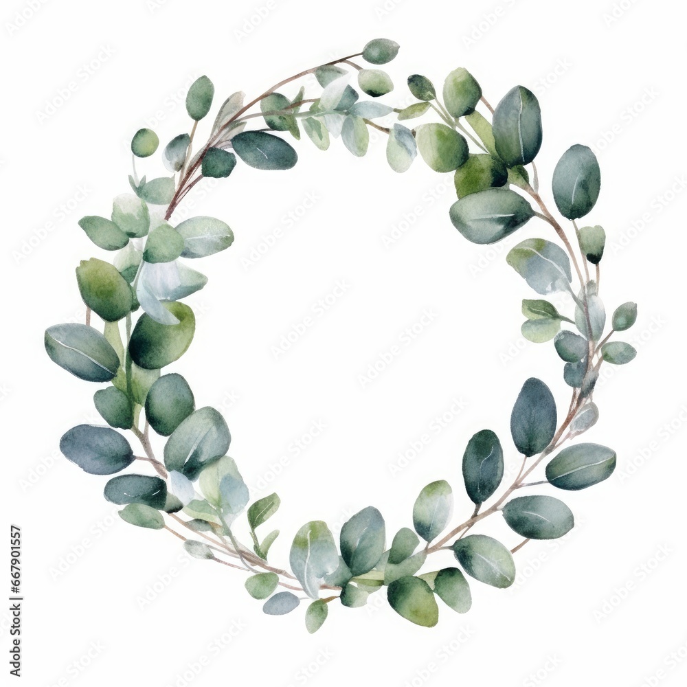 Watercolor Oval eucalyptus leaf frame, single, white background. AI generated