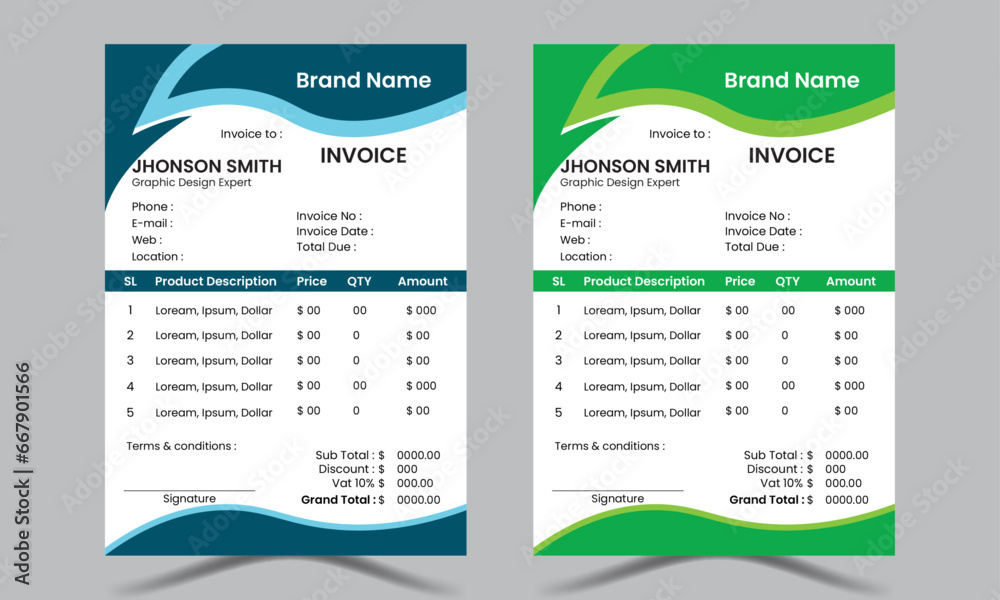 Corporate business Invoice design template within different color variation