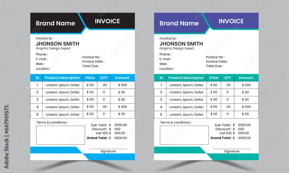 Creative, clean & modern corporate business's invoice design template within cool & smooth color variation