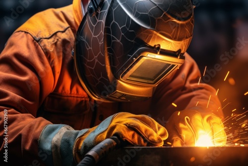 Welder in uniform at work. A man in a welding mask and gloves is welding parts. The welding process with flying sparks.