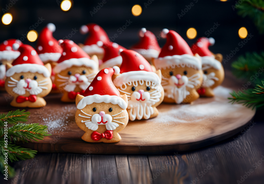 Funny Cat in Santa Hat with Bow Christmas gingerbread Cookies on wooden board. Horizontal, side view. Funny Cat in Santa Hat with Bow Christmas gingerbread Cookies on wooden board. Horizontal, side view.