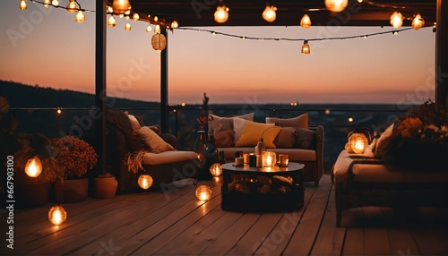 Autumn evening on beautiful house roof terrace with cozy outdoor string lights and lanterns