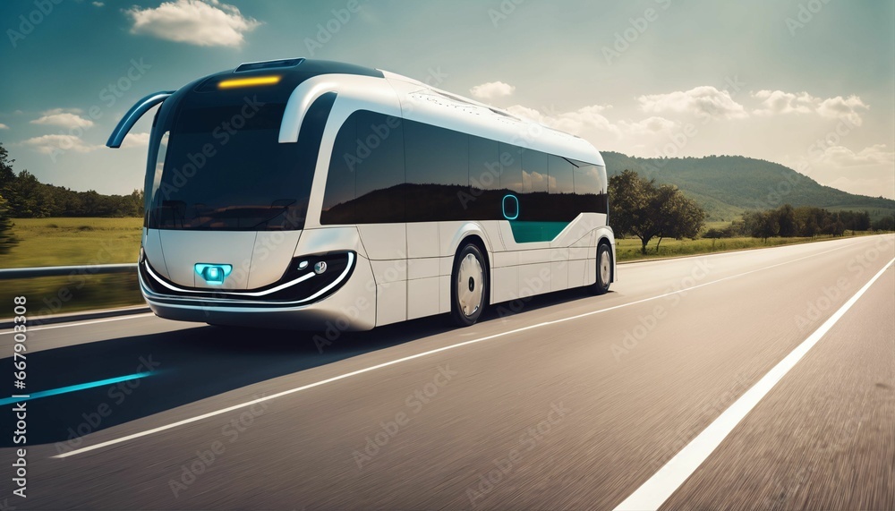 Open highway journey: Futuristic electric autonomous bus with stunning nature background