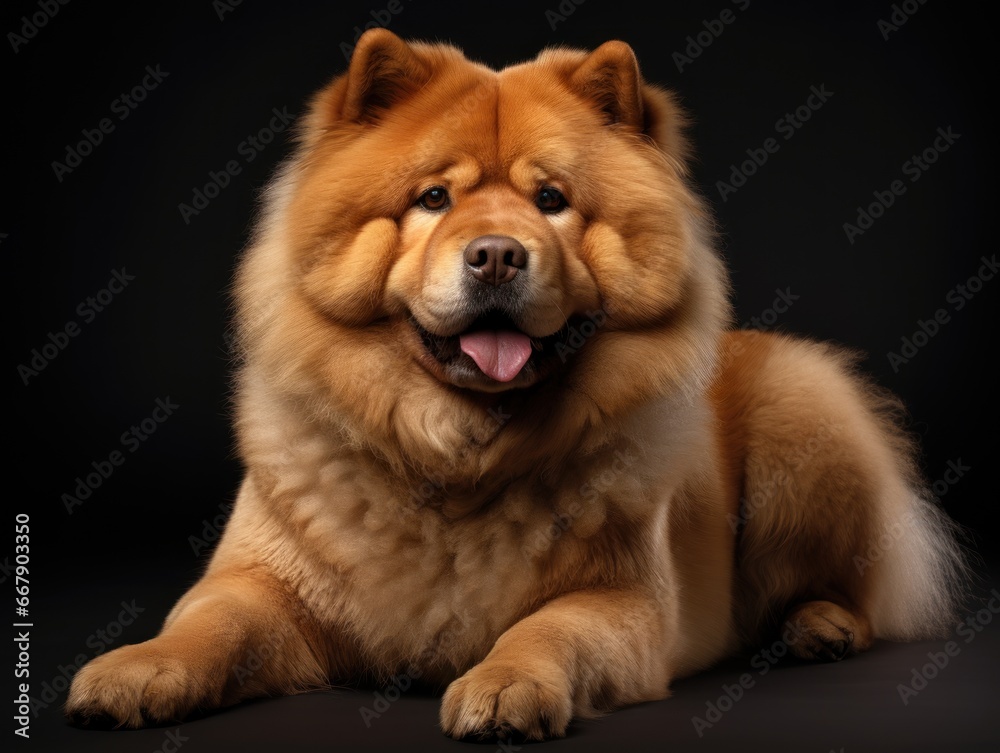 Cute and fluffy purebred Chow Chow dog rests on a black backdrop. Pedigree pup. For advertising, posters, banners, or promoting pet stores, dog care, grooming services, and veterinary clinics.