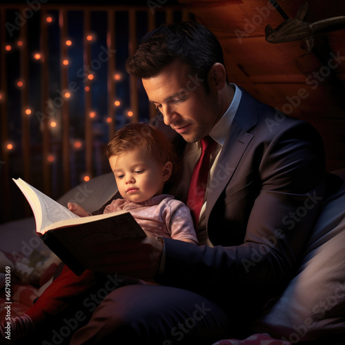 A businessman reading a bedtime story to a baby