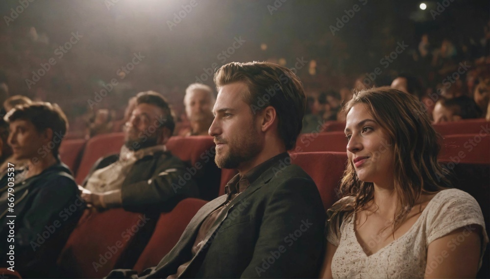 Fototapeta premium Portrait photograph of couple enjoying in a movie theatre embraced, romantic date, love