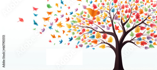 Banner. Mockup. Illustration of tree with colorful butterflies instead of leaves. On white background with copy space for text. Template. Peace Day, Health Day © Jafree