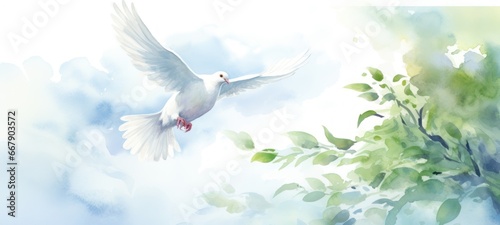 Delicate watercolor illustration for banner. White dove, bird of peace, flying against sky with green tree branch on the side. Pigeon. With copy space. Poster, advertising, presentation, brochure.