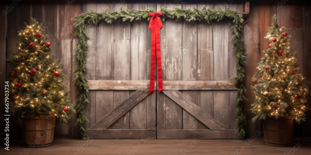 Red vintage rustic barn door, backdrop for photography, christmas trees with gifts and christmas decor - obrazy, fototapety, plakaty 