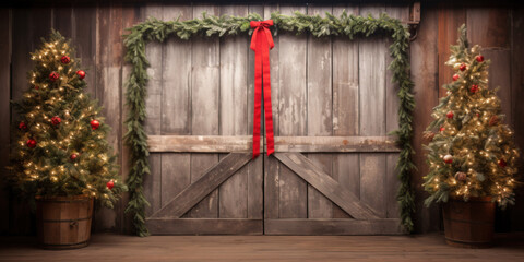 Red vintage rustic barn door, backdrop for photography, christmas trees with gifts and christmas decor