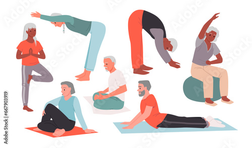 Cartoon isolated elder person doing active pilates poses and gymnastics, elderly happy man and woman stretch on mats. Physical exercises, sport and yoga of senior people set vector illustration