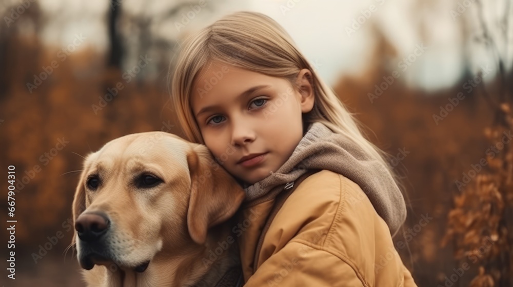 Pets friendly. Adorable shot of girl embracing her dog in outdoor. Pet care concept.