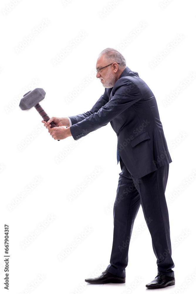 Old businessman holding big hammer isolated on white Old businessman holding big hammer isolated on white