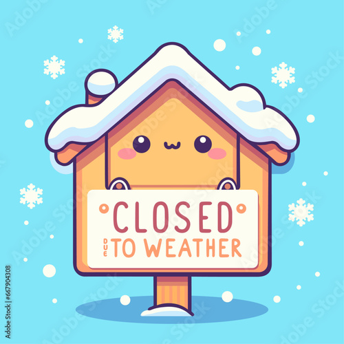 closed due to weather sign with snow and snowflakes on a house sign outdoor in flat cute cartoon vector illustration