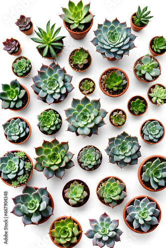 many green succulents top view flat lay on white background