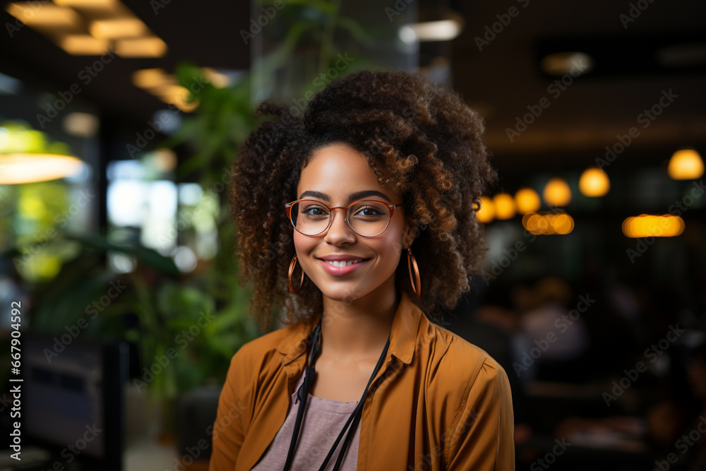 Fototapeta premium Portrait of happy young professional African American woman stands in office looking at camera, smiling just graduated from university student. Scholarship success job profession opportunity concept.