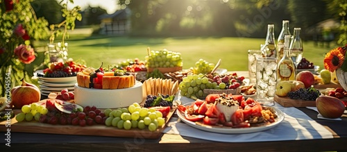 Summer outdoor banquet with a table of snacks canapes and fruits
