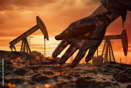 Oilfield Accident. Extraction of petroleum. Pumpjack on oilfield on sunset. Crude oil production. Hands of a worker in crude oil, oil spilled in hands of a worker during oil extraction at oilfield.