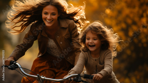 A captivating photograph capturing a young girl joyfully riding her bicycle equipped with training wheels, while her mother lovingly guides her towards confident cycling.  photo