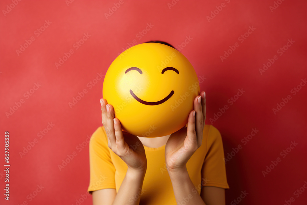 Woman in yellow t-shirt holds huge big smiling face in her hands instead of head. Positive morning emotion, motivation, self love, mental health, optimism, positive thinking Woman in yellow t-shirt holds huge big smiling face in her hands instead of head. Positive morning emotion, motivation, self love, mental health, optimism, positive thinking