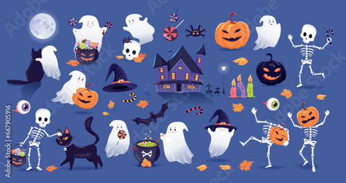 Funny cartoon Halloween charactres and decration vector illustration