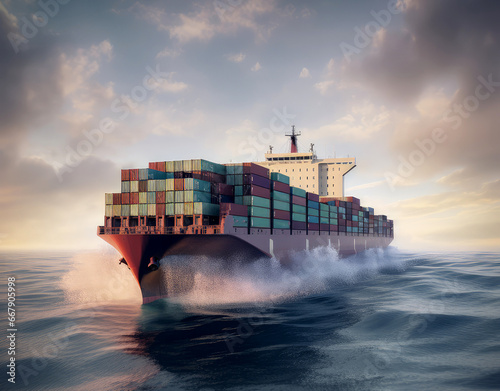 A large container ship is at sea, AI generated