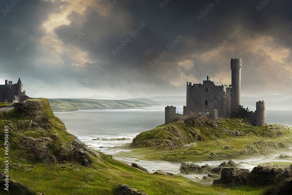 Old medieval castle illustration, ancient stone building architecture concept art, sea fortress on the coast digital painting
