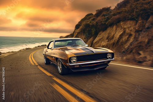 A classic sports car driving on the road, AI generated photo