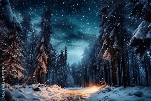 Mysterious winter forest with snow covered trees at night. Fantasy landscape