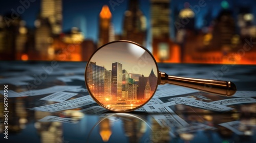 A large magnifying glass lies on a computer monitor with a projection of houses . The concept of stock market trading.