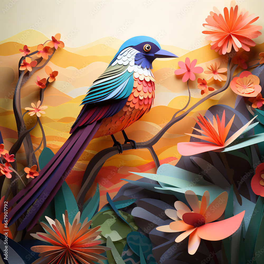 Vibrant 3D Paper Art Scenery Featuring a Bird Vibrant 3D Paper Art Scenery Featuring a Bird